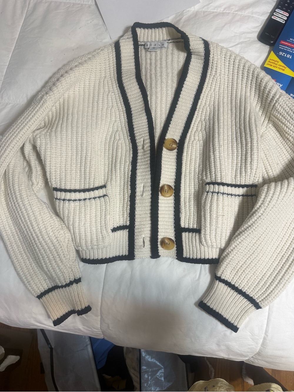 HYFVE Ivory Ribbed Cardigan with Black Trim